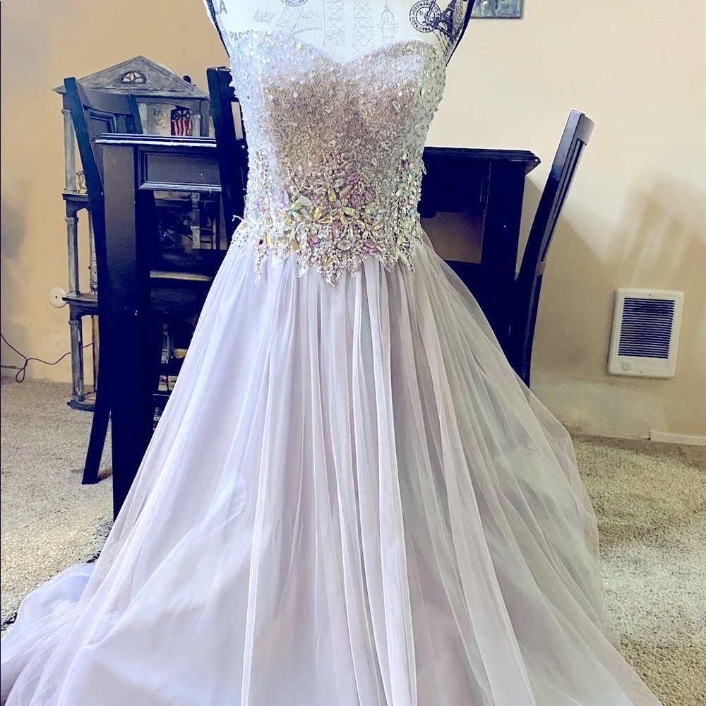 Blondie Nites Strapless Beaded Silver Prom Dress 5
